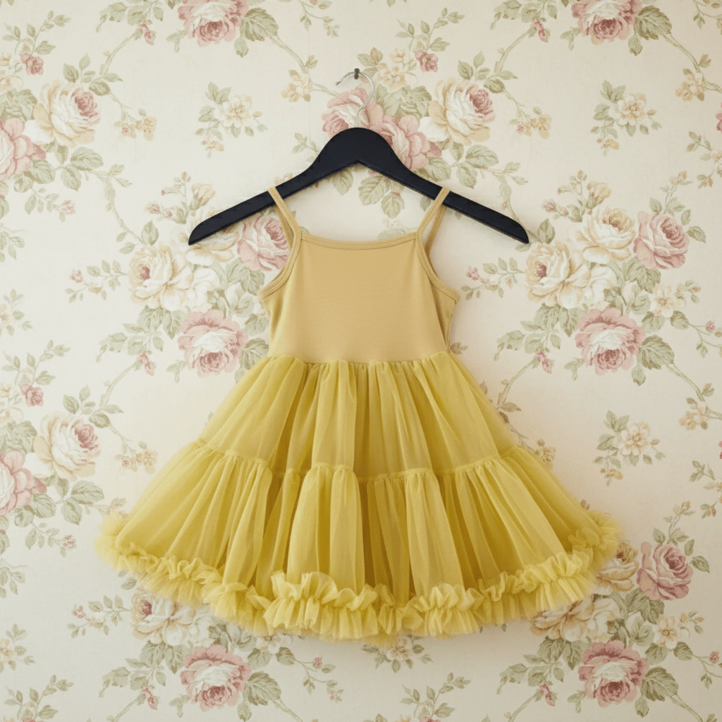 Yellow dress on a hanger against a floral wallpaper background