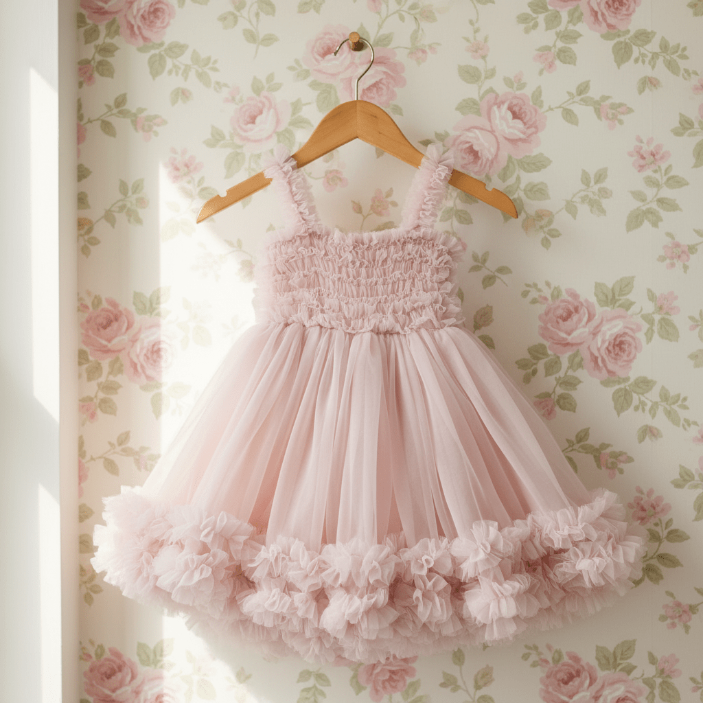 Pink dress with ruffled details hanging on a wooden hanger against a floral wallpaper background