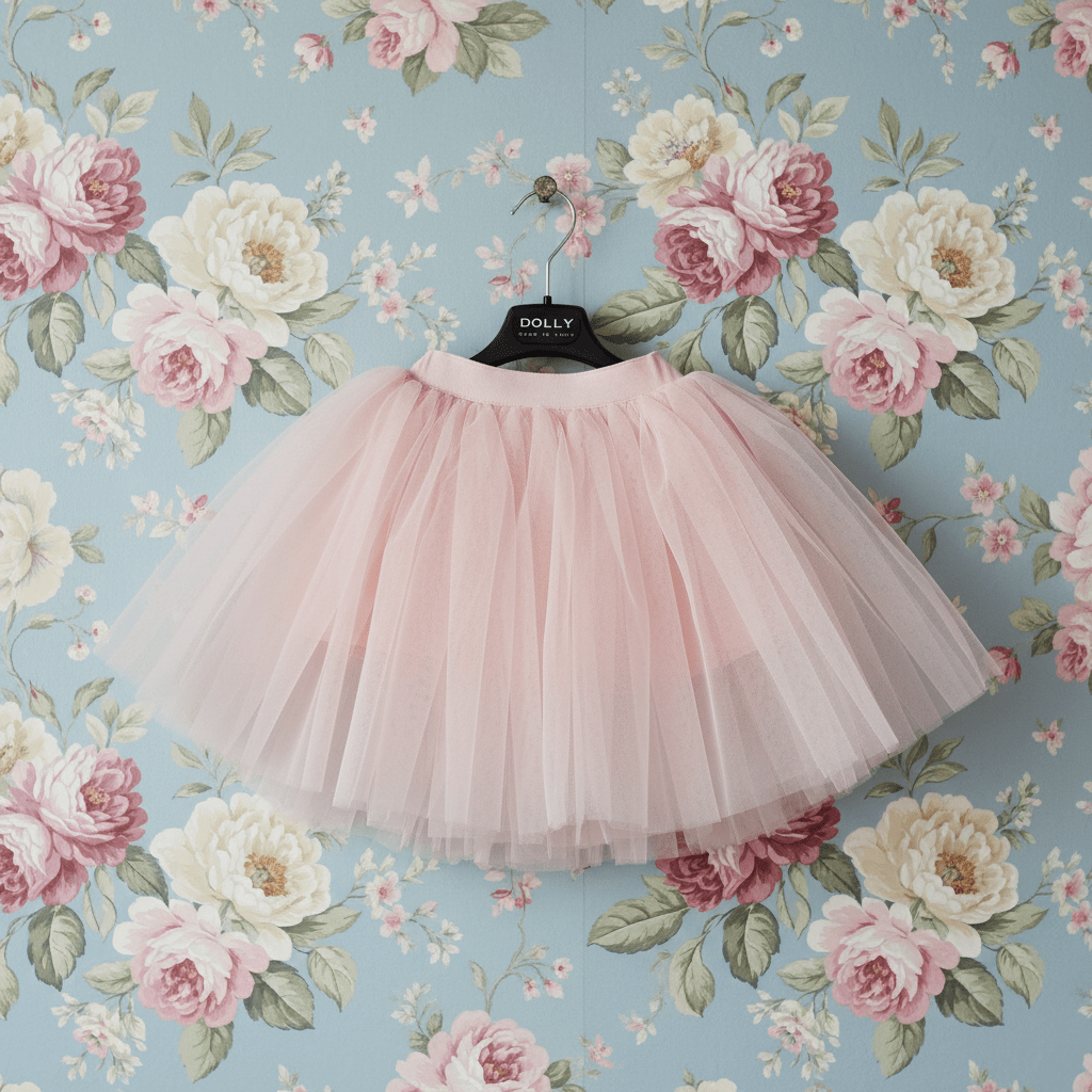 Pink tulle skirt on a hanger against a floral wallpaper background