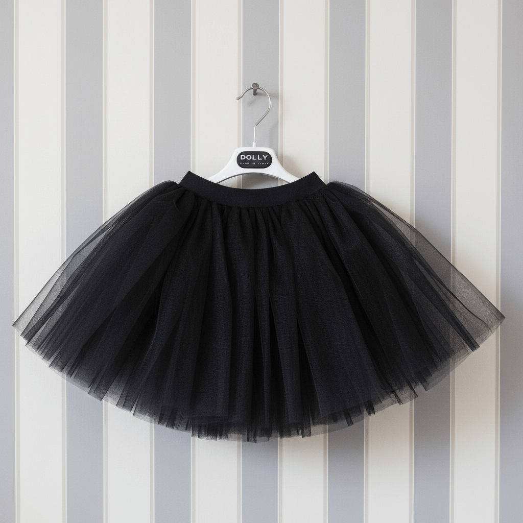 Black tulle skirt on a hanger against a striped wall.