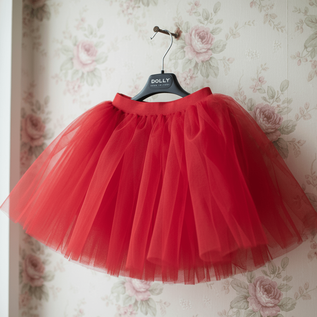 Red tulle skirt on a hanger against a floral wallpaper background
