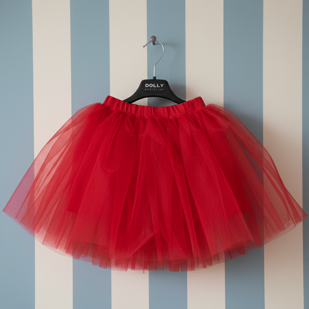Red tutu skirt on a hanger against a striped wall.