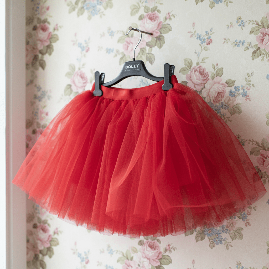 Red tulle skirt on a hanger against a floral wallpaper background