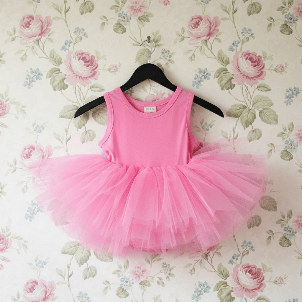 Pink tutu dress on a hanger against a floral wallpaper background
