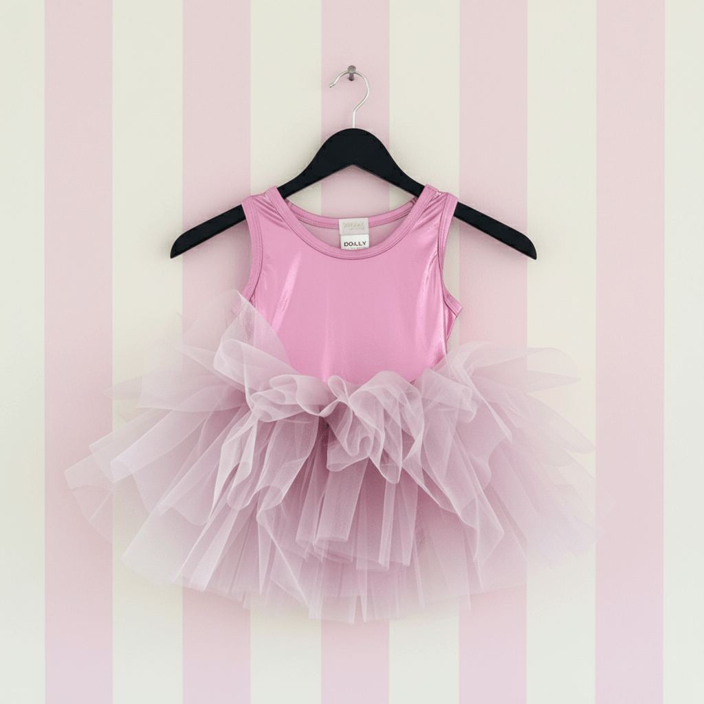 Pink ballet dress with tulle skirt on a hanger against a striped wall.