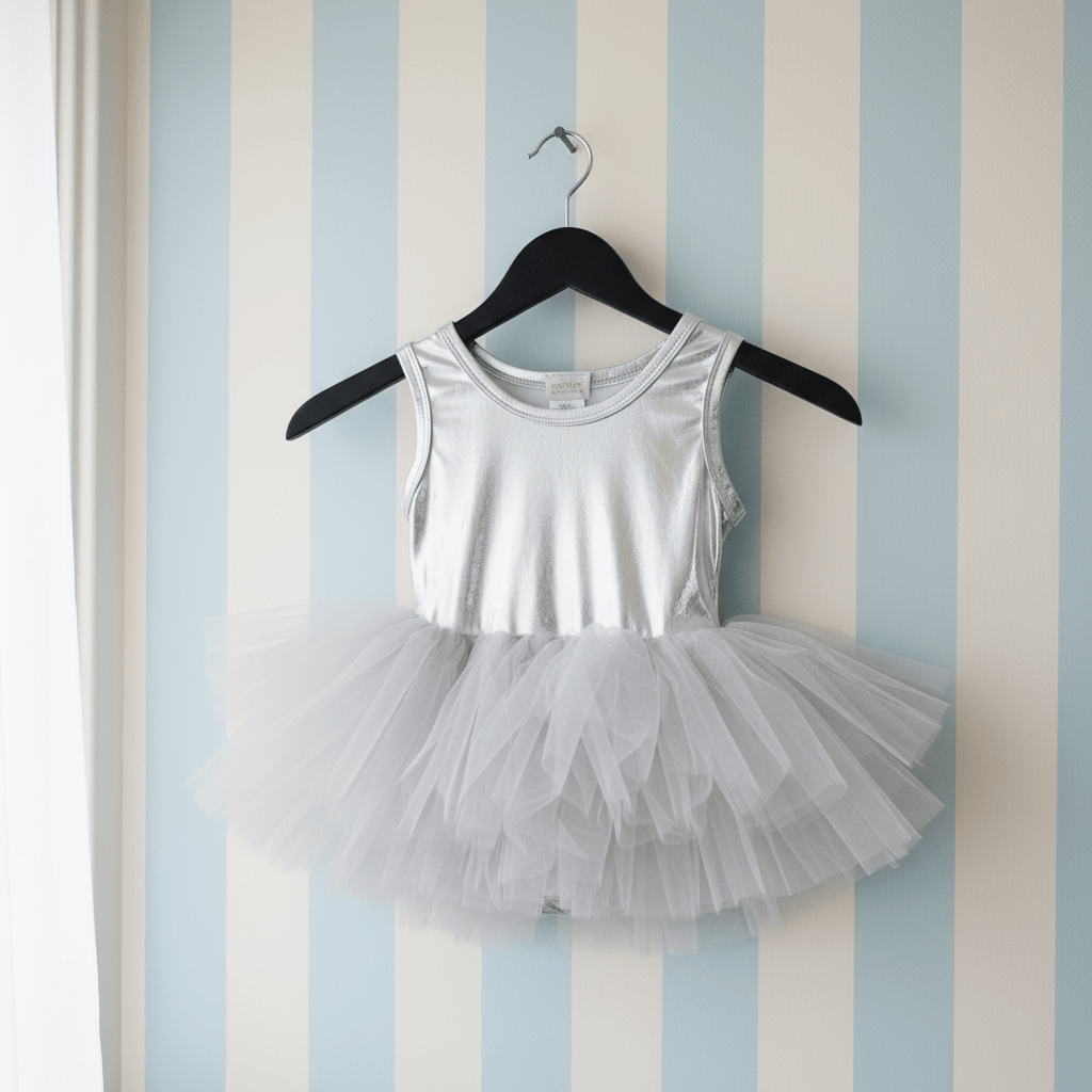 Silver tutu dress on a hanger against a striped wall.