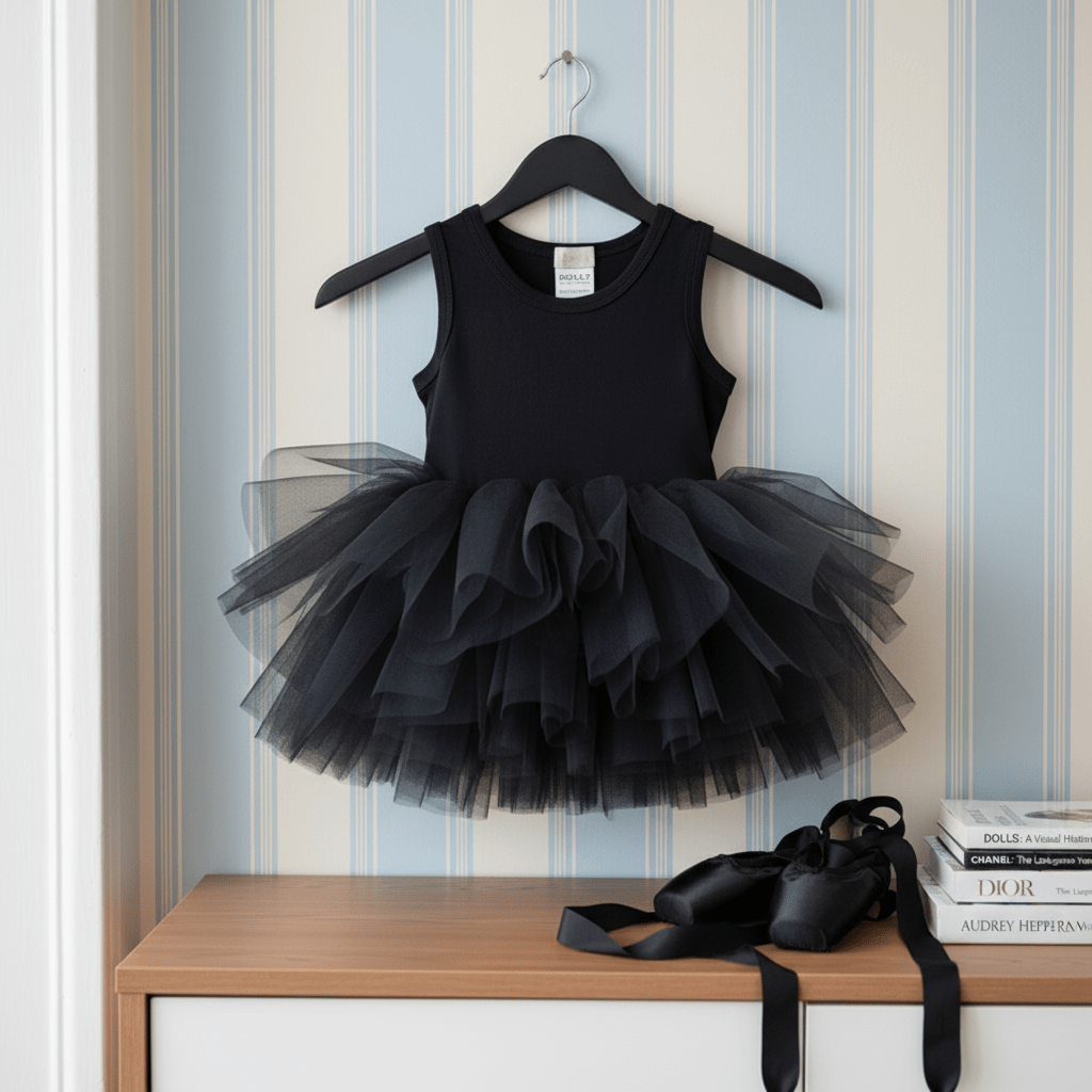 Black tutu dress on a hanger with ballet shoes on a shelf against a striped wall.