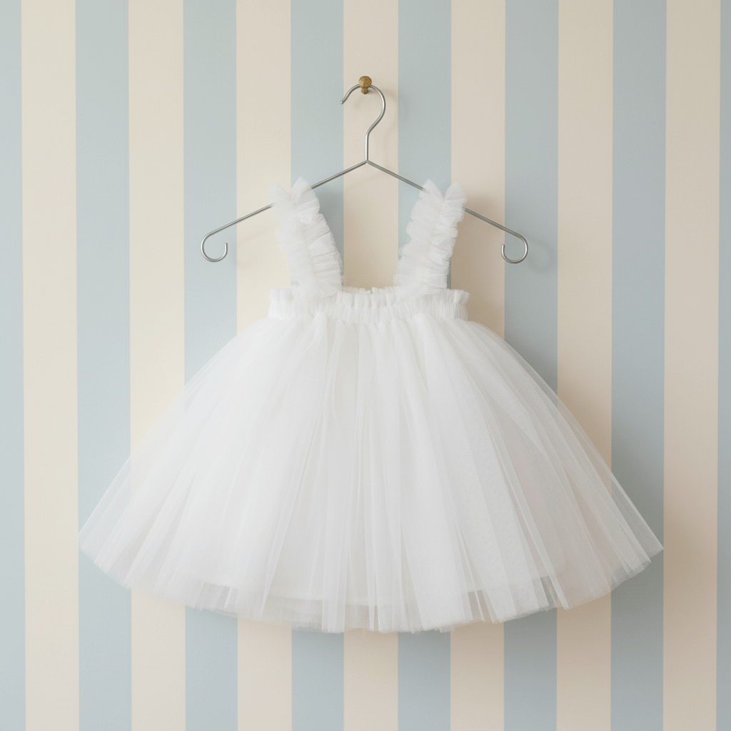 White tulle dress on a hanger against a striped wall.