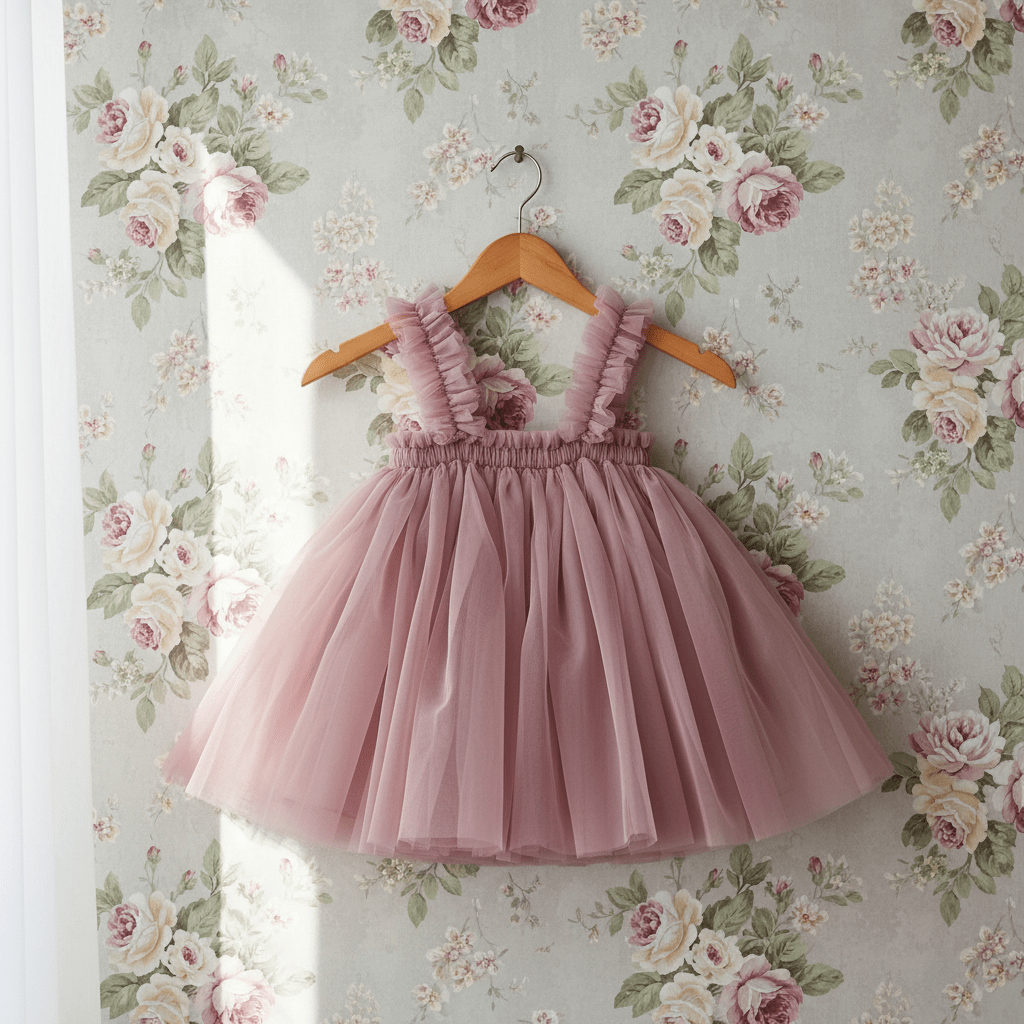 Pink dress on a hanger against floral wallpaper