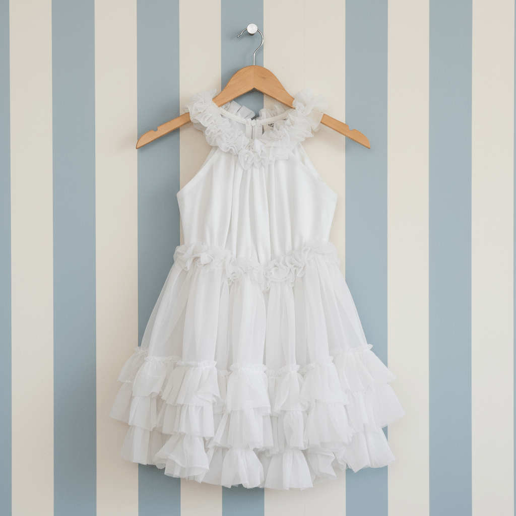 White ruffled dress on a hanger against a striped wall.