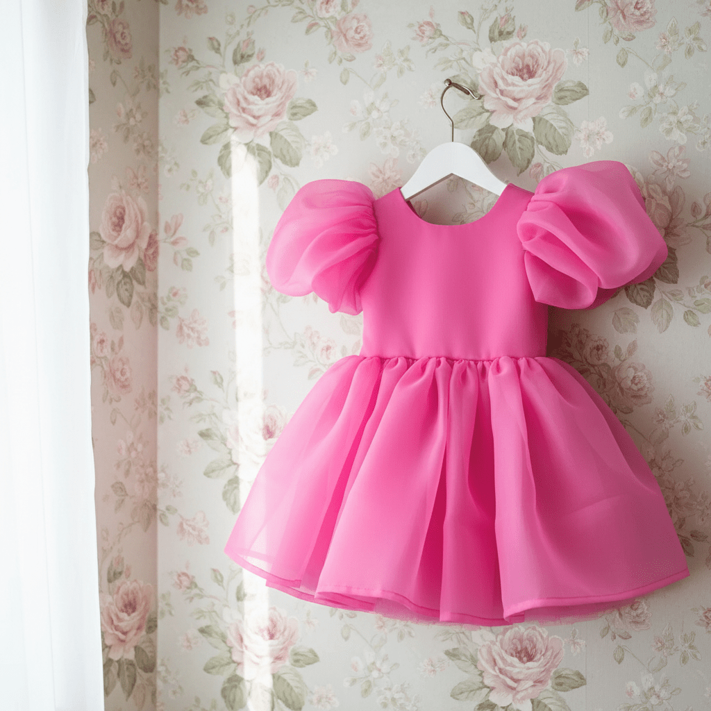 Pink dress with puffed sleeves on a hanger against a floral wallpaper background