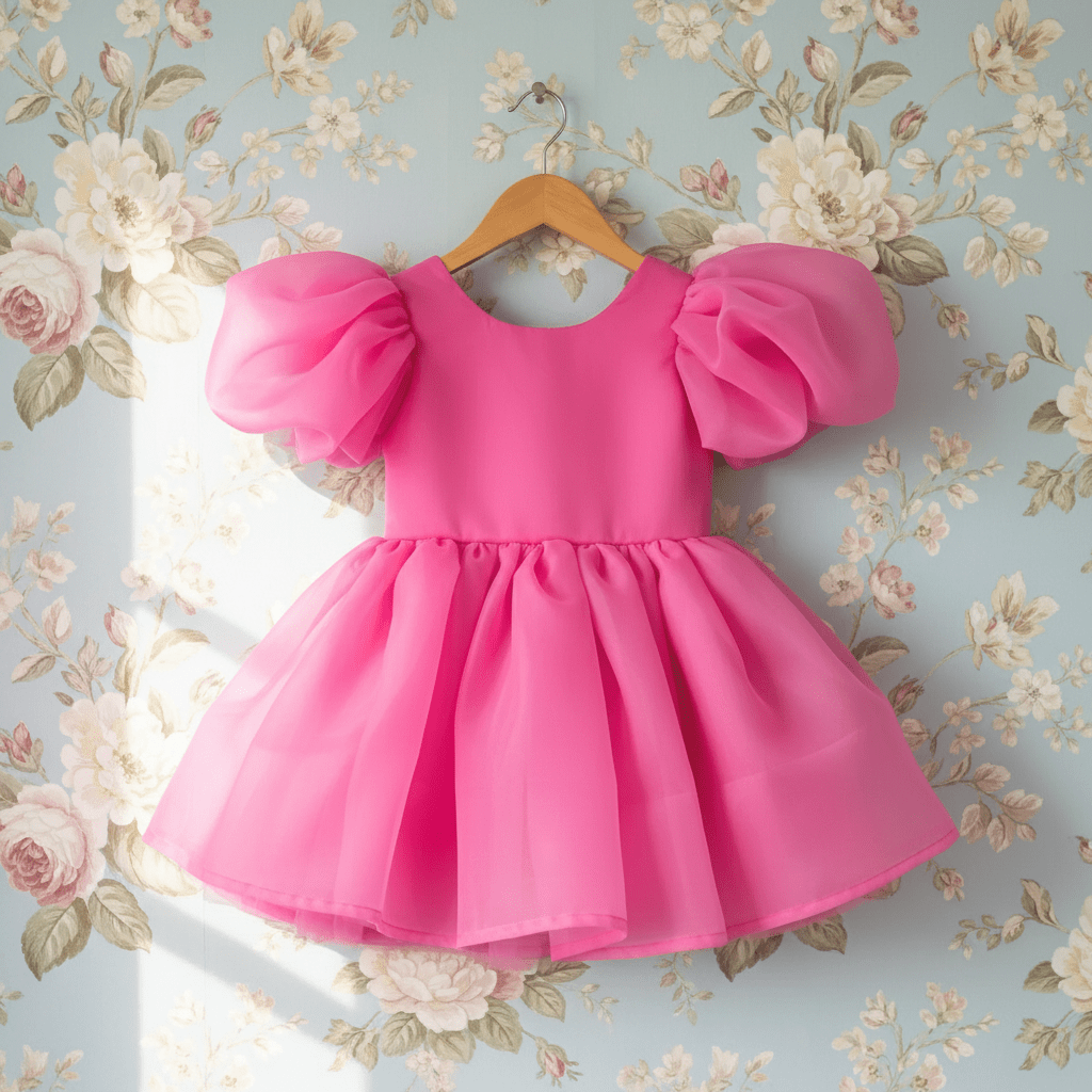 Pink dress with puff sleeves on a hanger against a floral wallpaper background