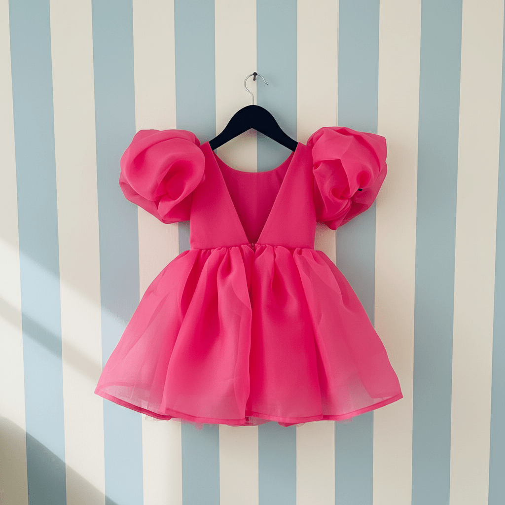 Pink dress with puff sleeves on a hanger against a striped wall.