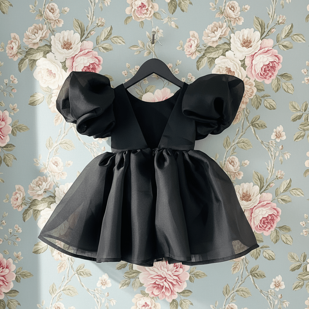 Black dress with puffed sleeves on a floral background