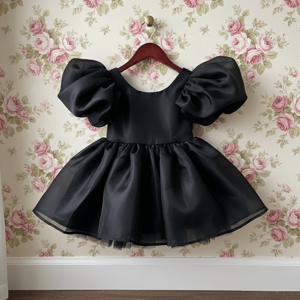 Black dress with puffed sleeves on a hanger against a floral wallpaper background