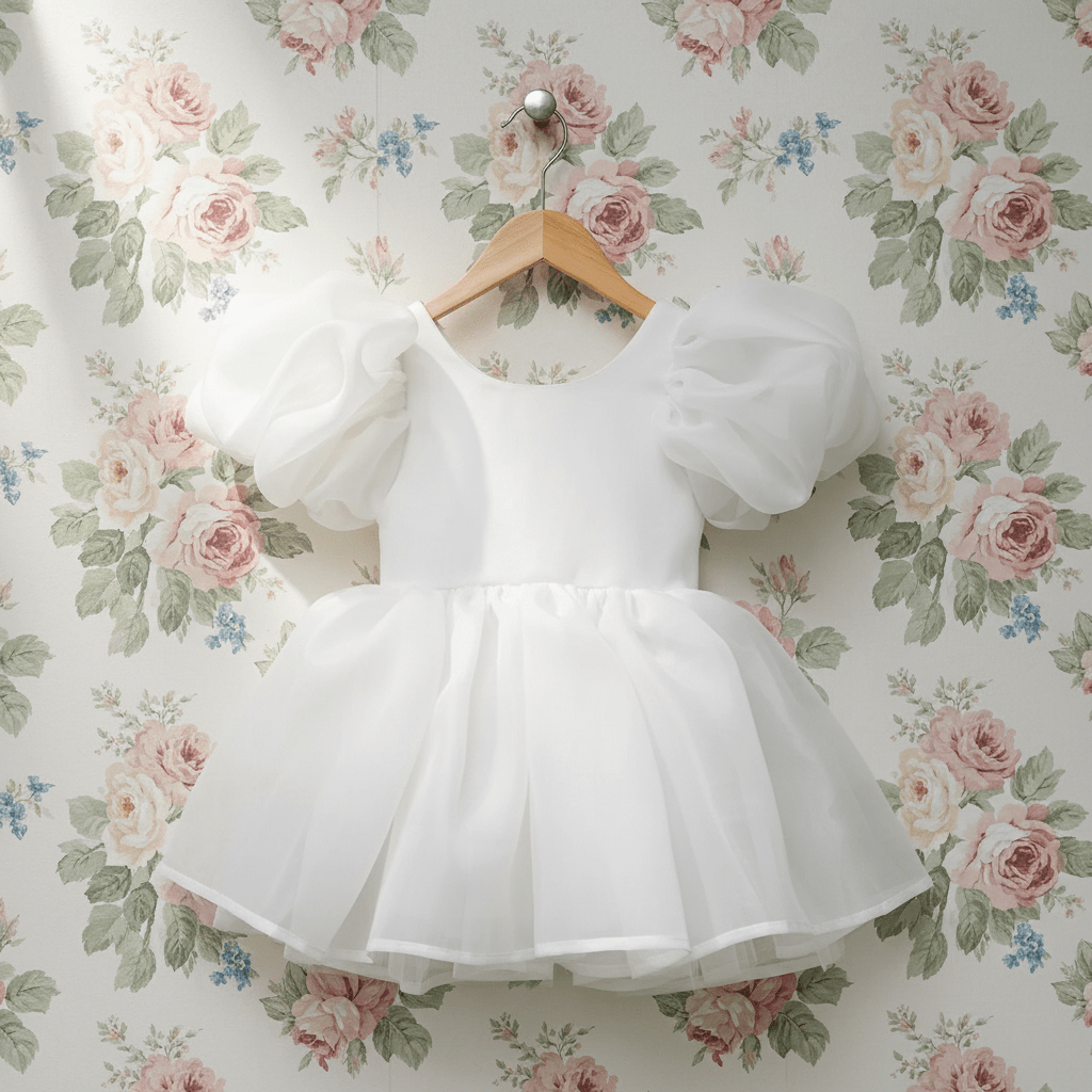 White dress on a wooden hanger against a floral wallpaper background