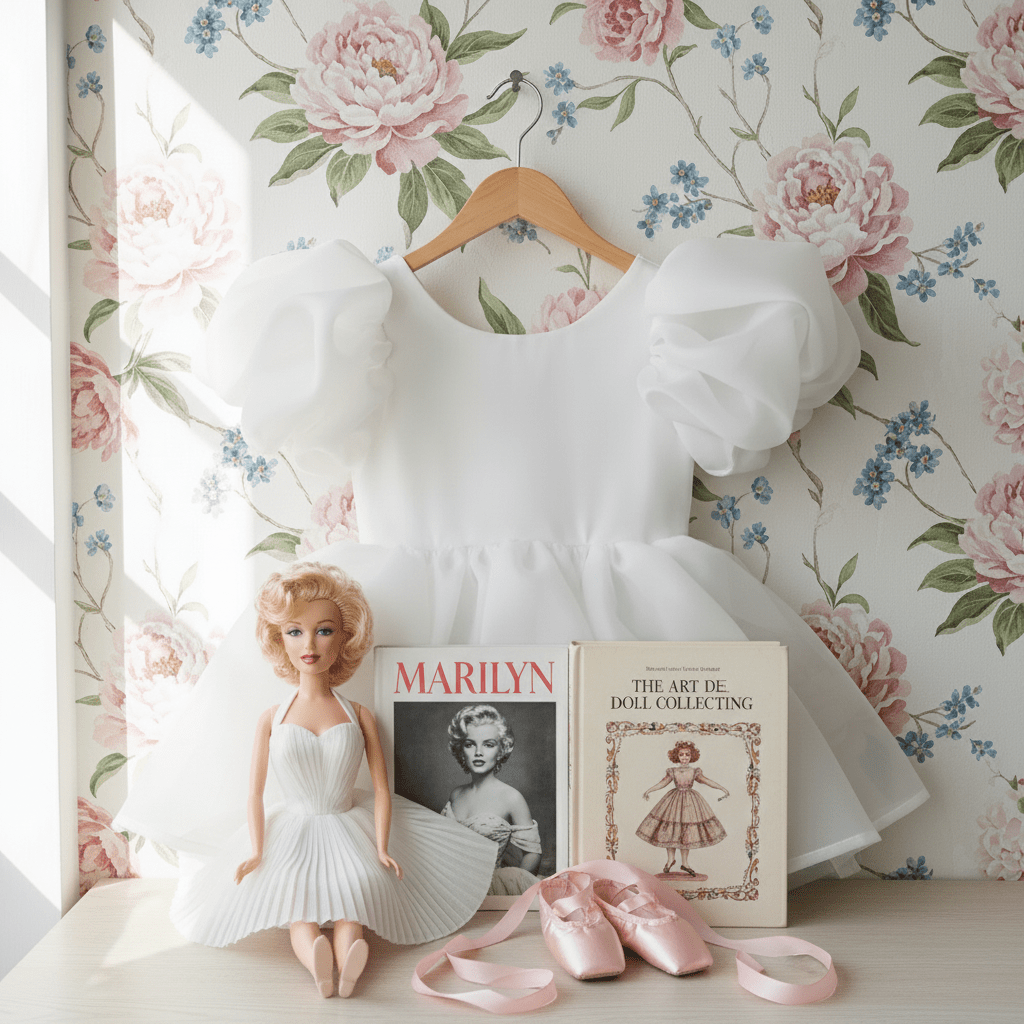White dress with pink ballet shoes and a doll on a floral-patterned background