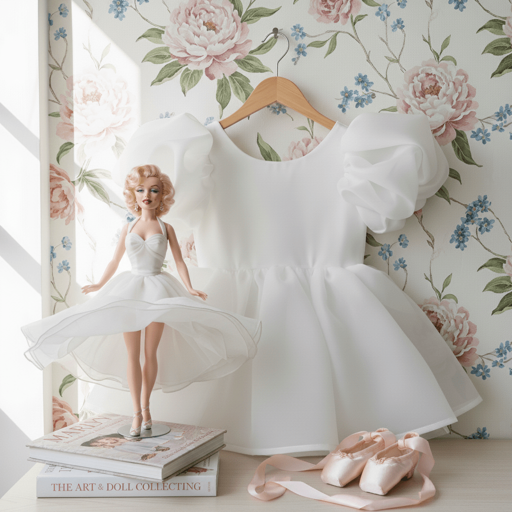 White wedding dress with a doll and ballet shoes on a floral wallpaper background