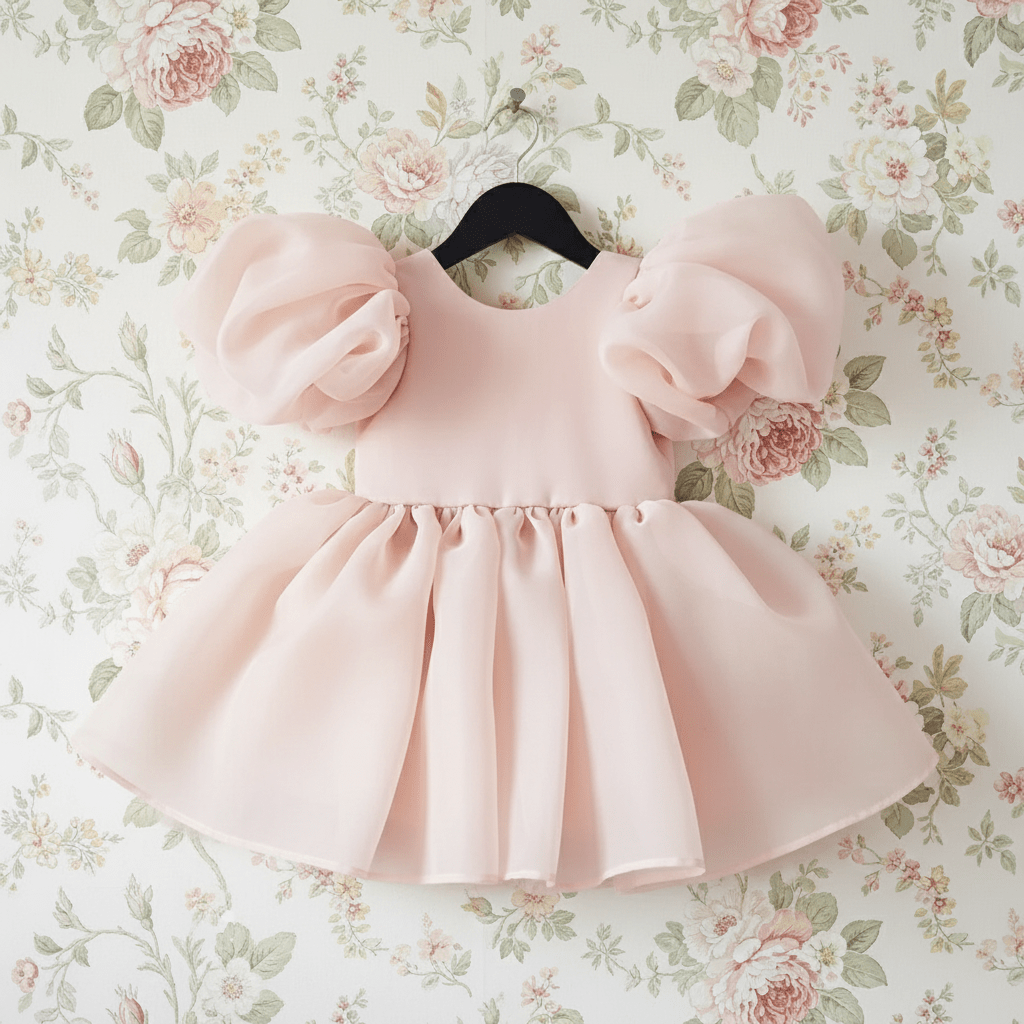 Pink dress with puffed sleeves on a hanger against a floral wallpaper background