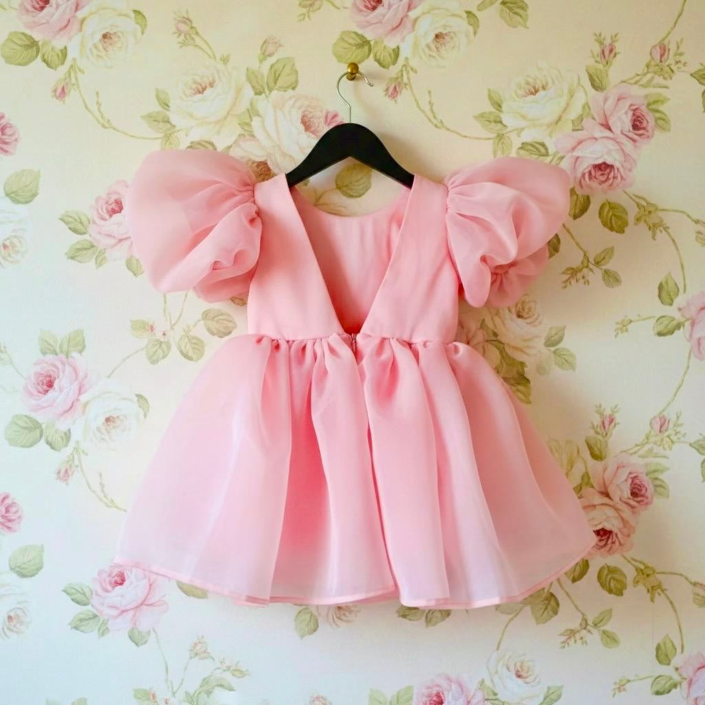 DOLLY V-BACK PUFF SLEEVE ORGANZA TUTU DRESS donut pink