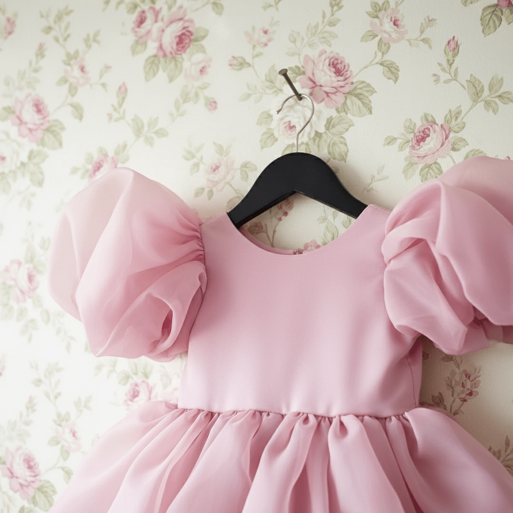Pink dress with puffed sleeves on a hanger against a floral wallpaper background