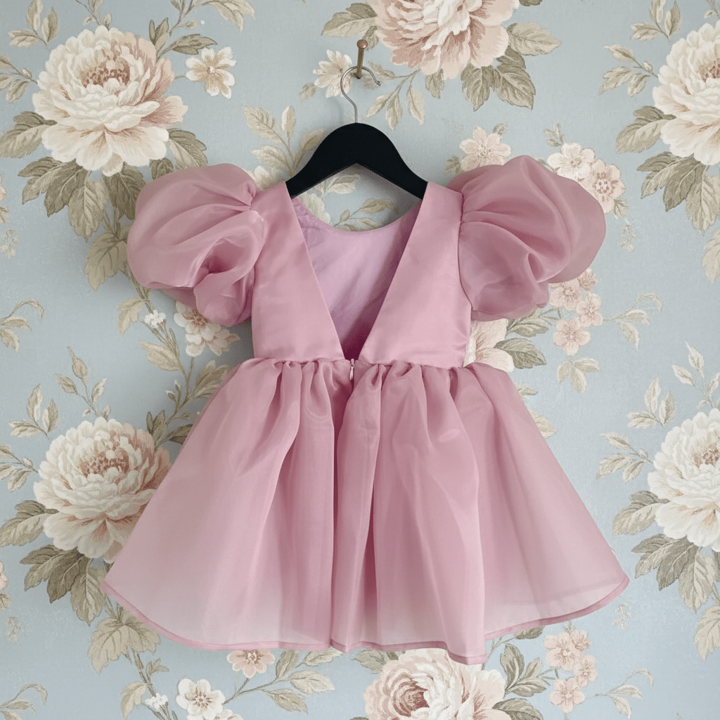 Pink dress with puff sleeves on a hanger against a floral wallpaper background