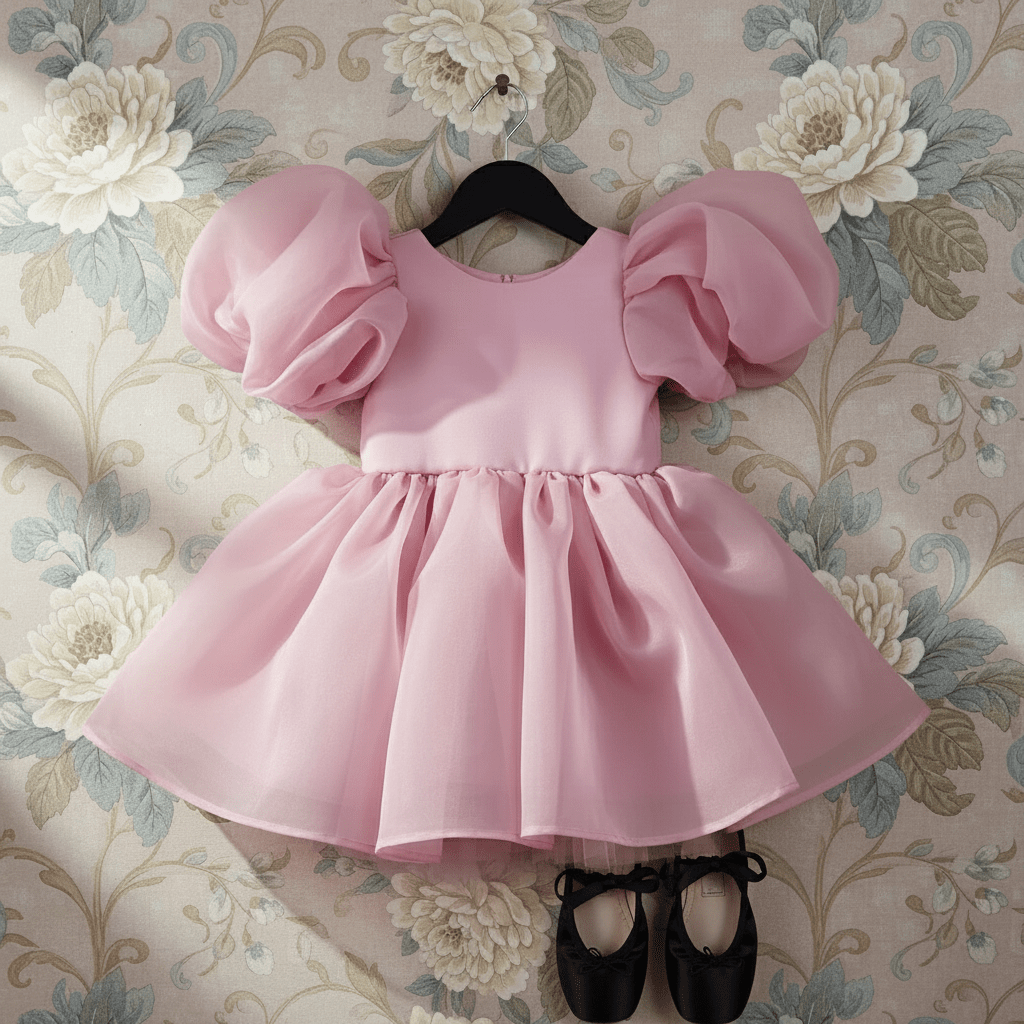Pink dress with puffed sleeves on a hanger against a floral wallpaper background