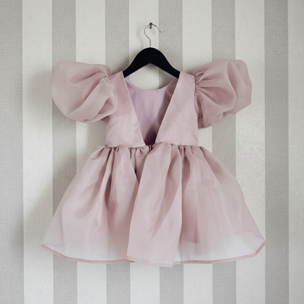 Pink dress with puff sleeves from DOLLY Le Petit Tom® on a hanger against a striped wall.
