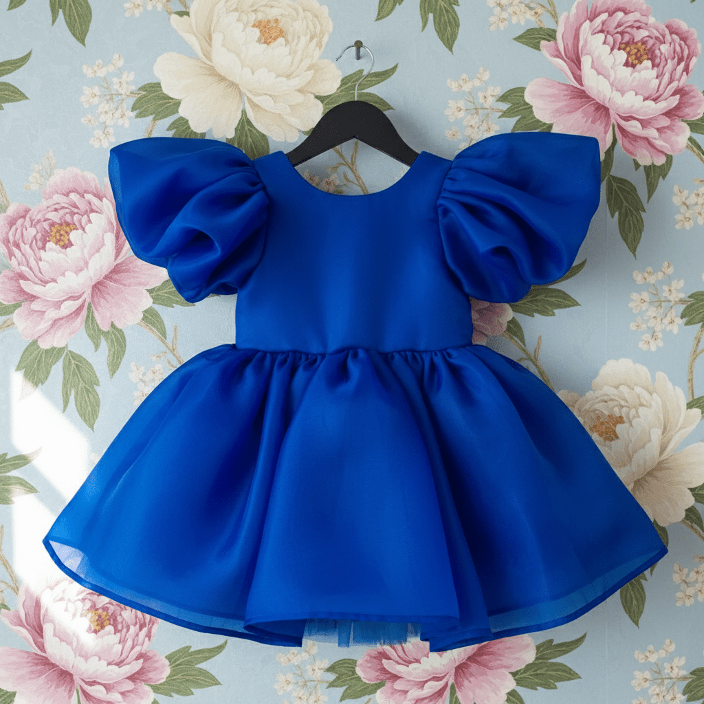 Blue dress with puffed sleeves on a floral background