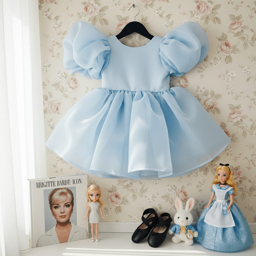 Light blue dress from DOLLY Le Petit Tom® on a hanger with a doll, shoes, and stuffed rabbit in front of floral wallpaper.