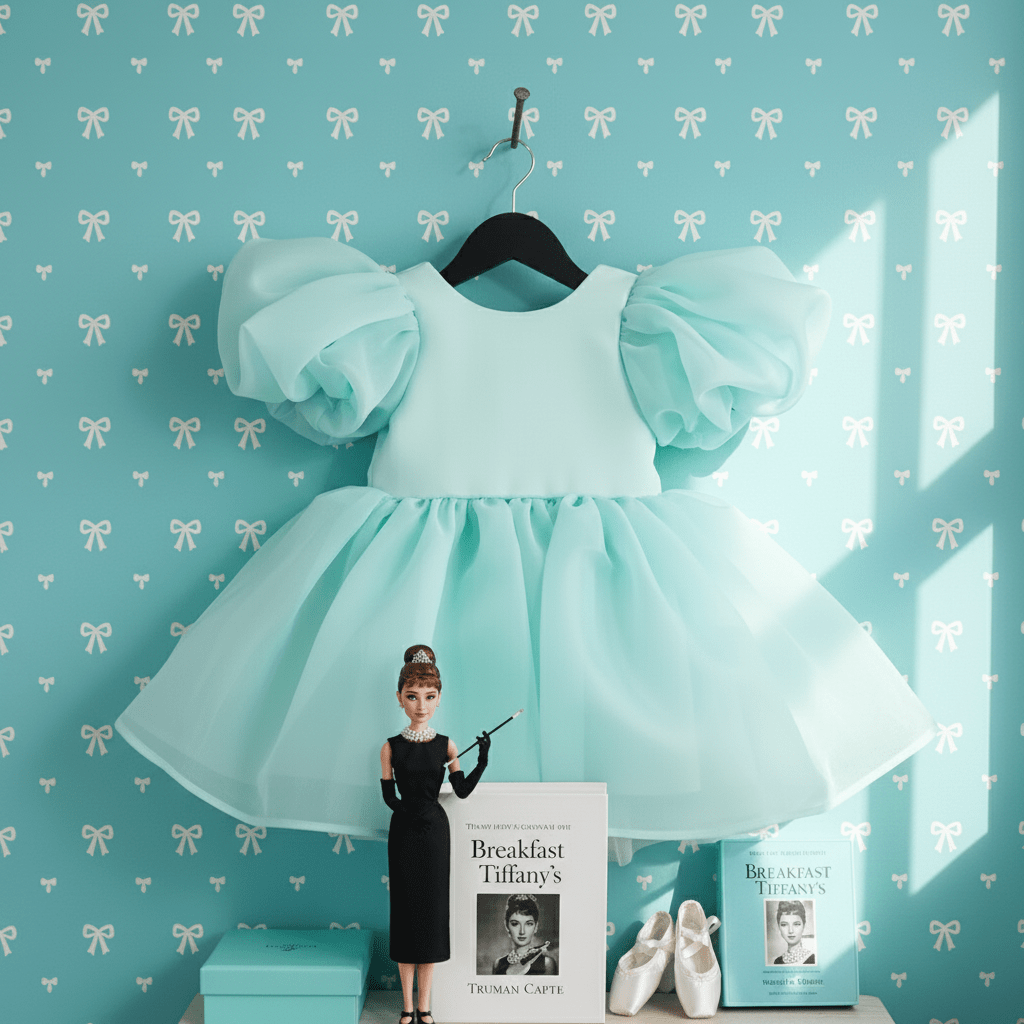 Turquoise dress on a hanger with a doll and books against a teal wall with bow patterns