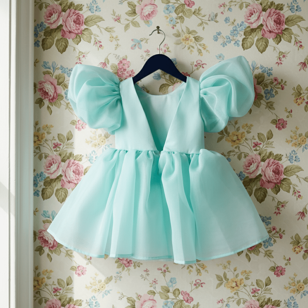 Light blue dress with puffed sleeves on a hanger against floral wallpaper