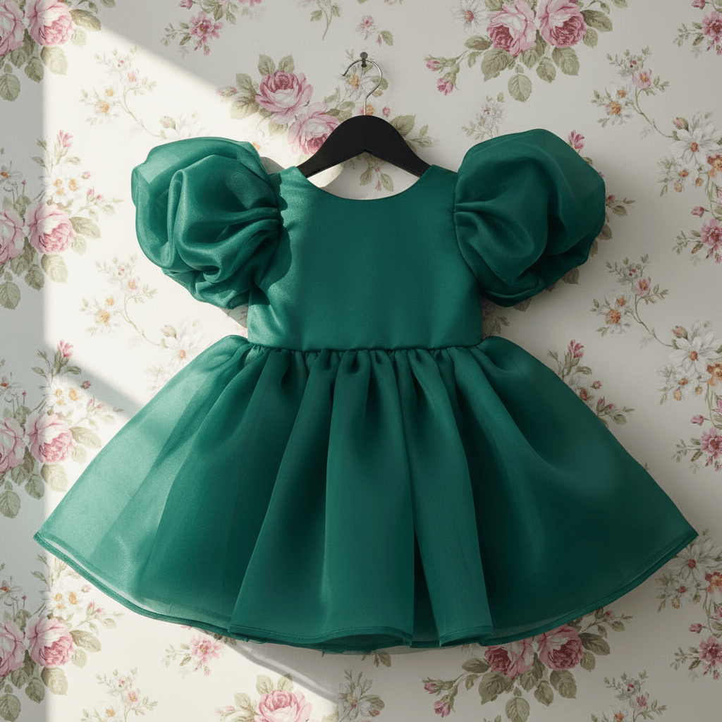 Green dress with puff sleeves on a floral background