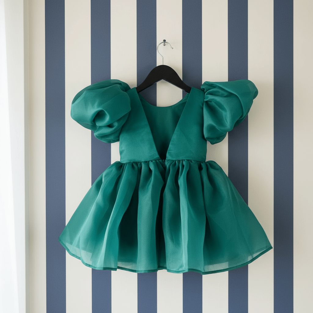 Green dress with puffed sleeves on a hanger against a striped wall.