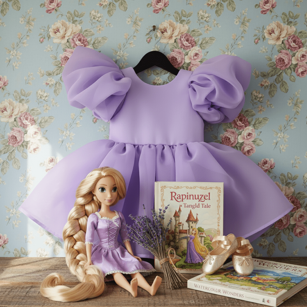 Purple dress with matching doll on a floral background