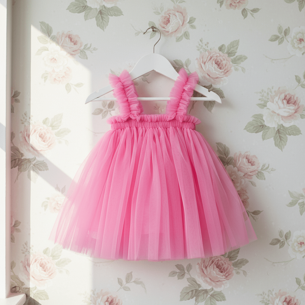 Pink dress on a hanger against a floral wallpaper background