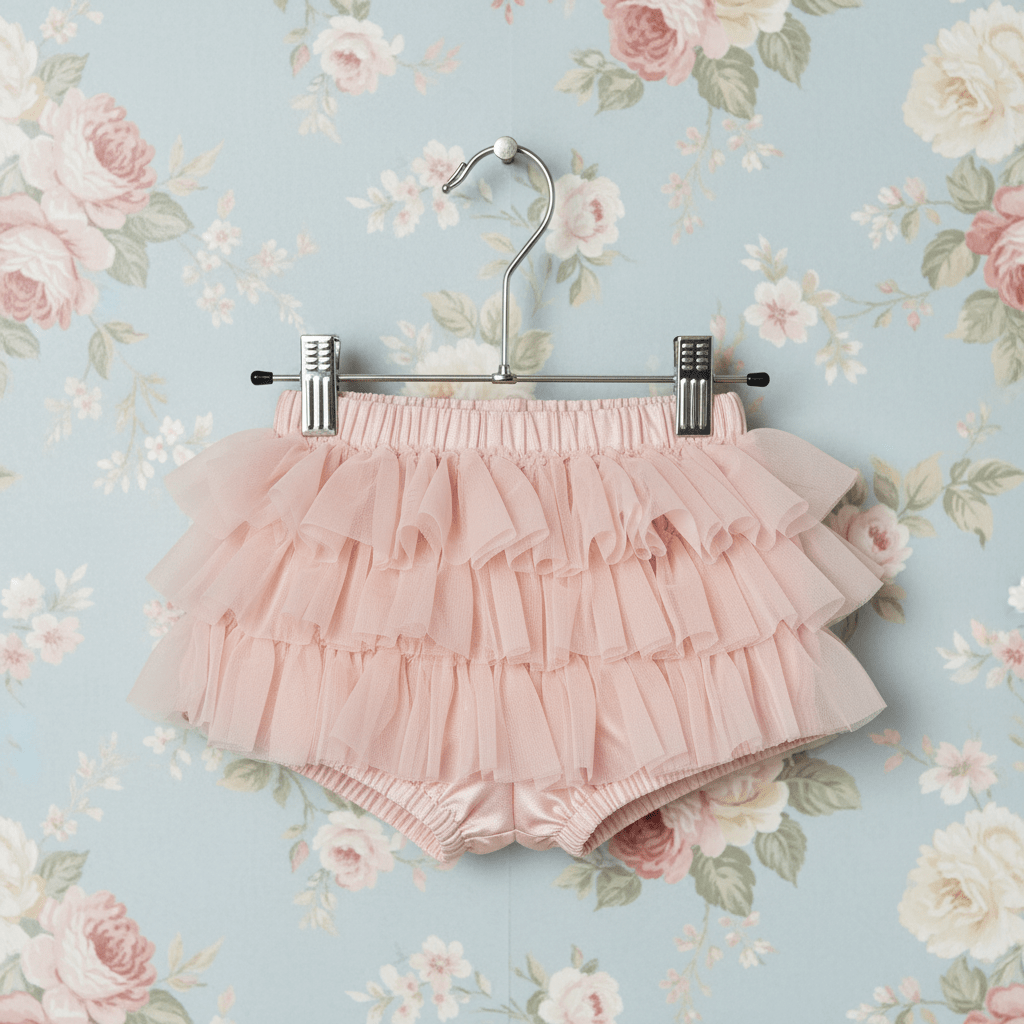 Pink ruffled bloomers on a hanger against a floral wallpaper background