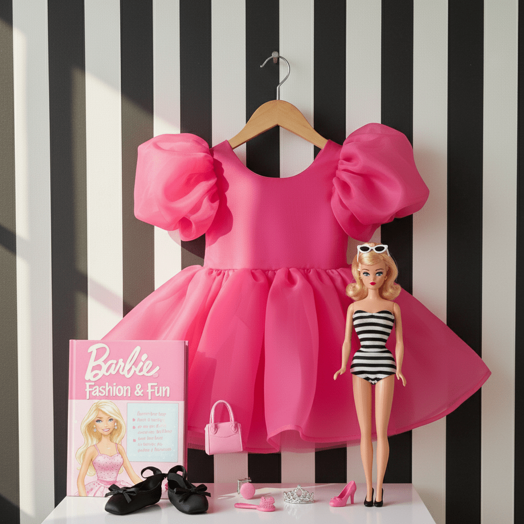 Pink dress with puff sleeves on a hanger, Barbie doll in striped dress, and accessories against a striped background.
