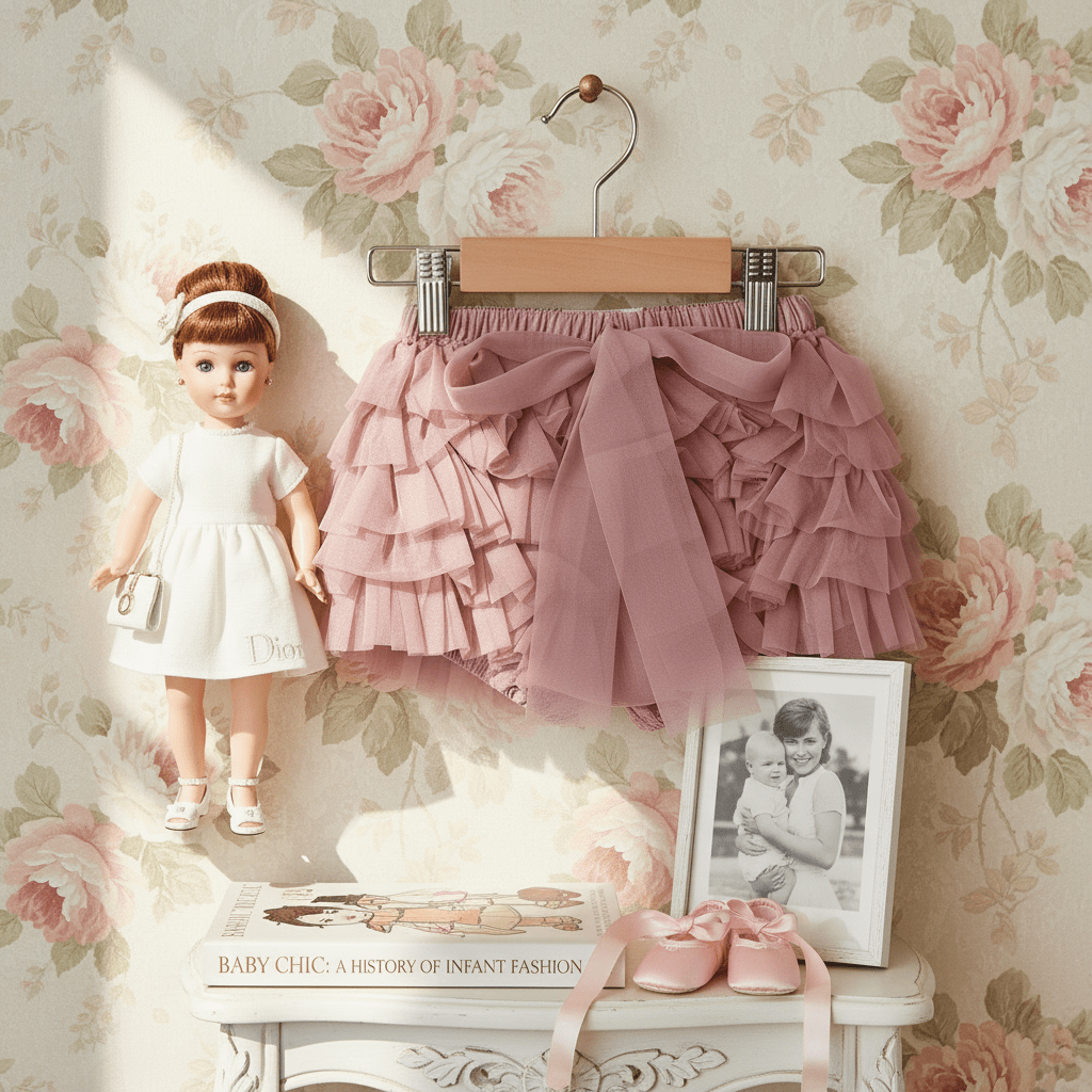 Pink ruffled pants on a hanger with a doll and photo frame against floral wallpaper.