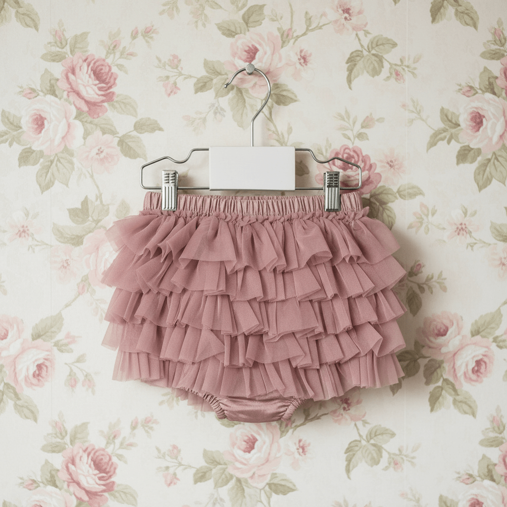 Pink ruffled bloomers on a hanger against a floral wallpaper background