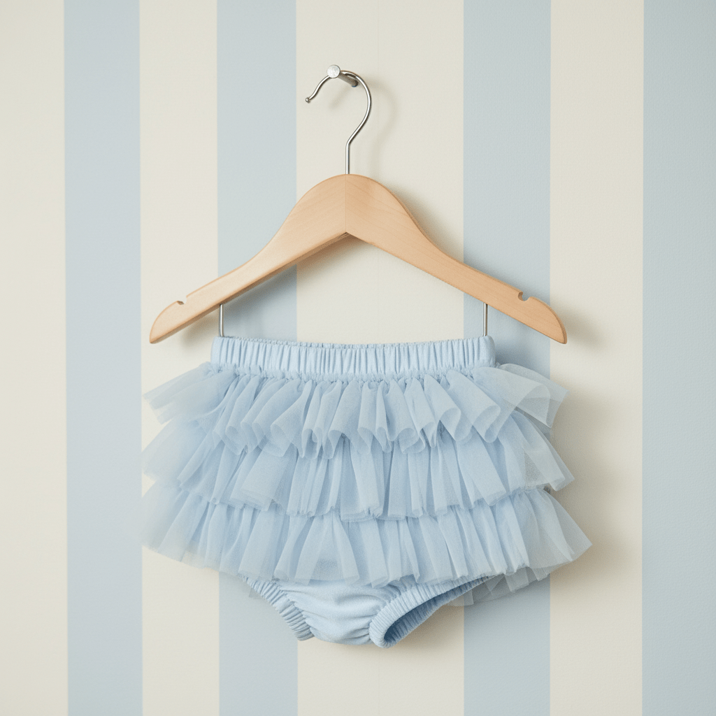Light blue ruffled baby bloomers on a wooden hanger against a striped background