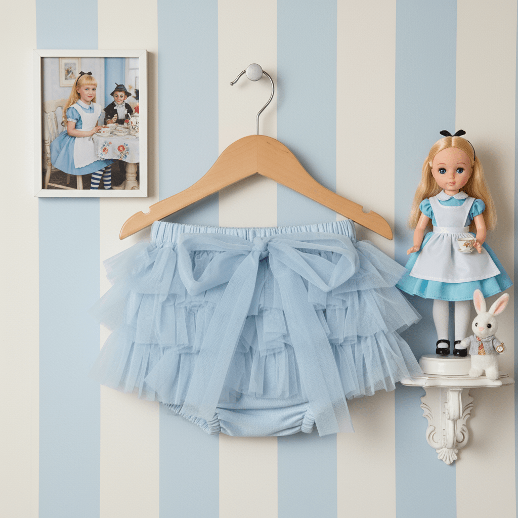 Light blue ruffled skirt on a hanger against a striped wall with a doll and rabbit figure.
