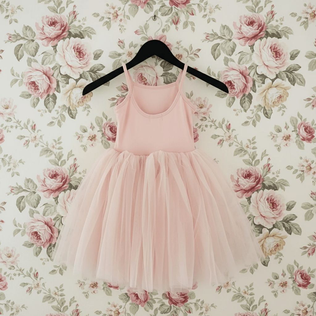 Pink dress on a hanger against a floral wallpaper background