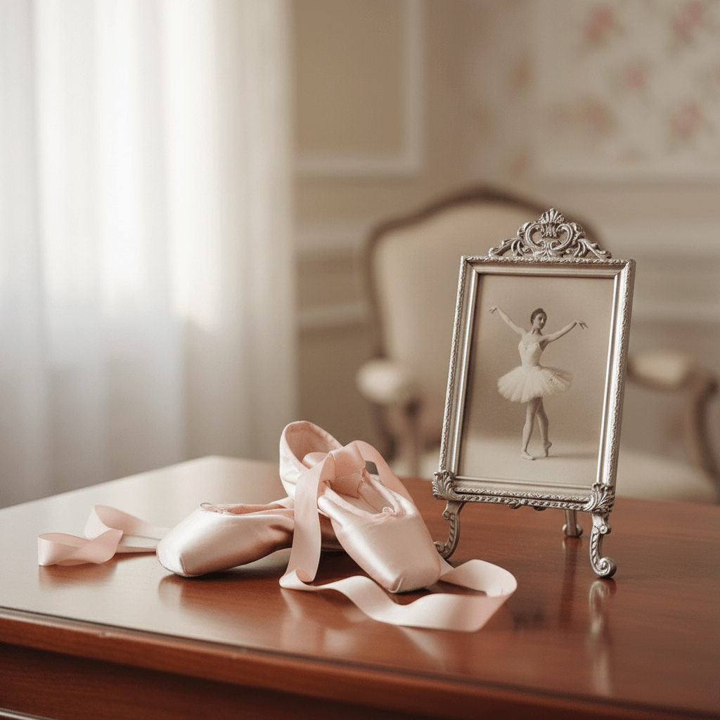 Ballet shoes and a framed photo of a dancer on a wooden surface.