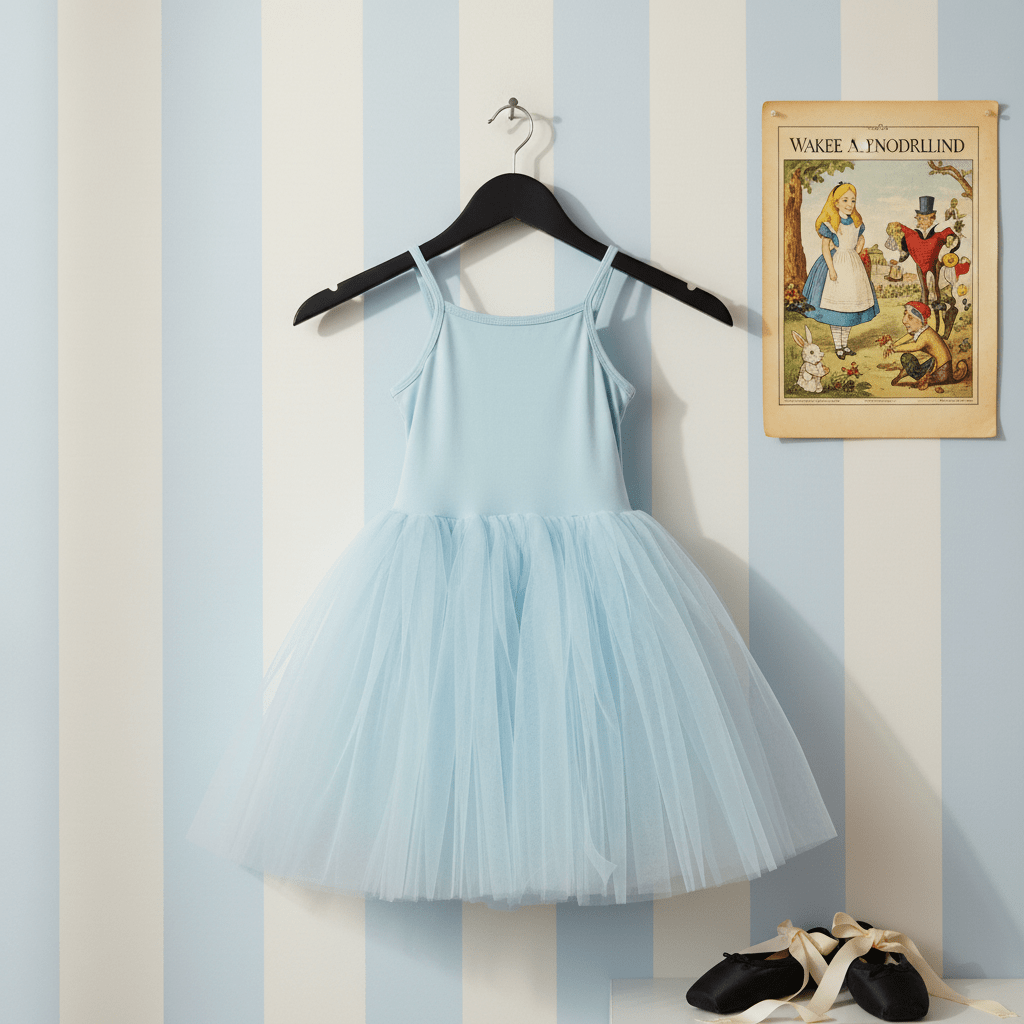 Light blue dress on a hanger against a striped wall with a poster of Alice in Wonderland.
