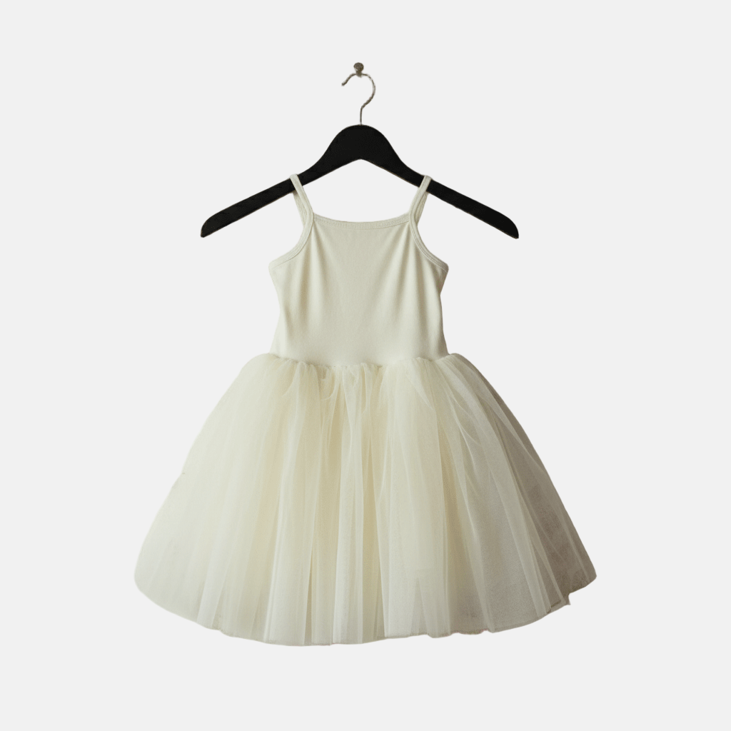 White dress on a hanger against a white background