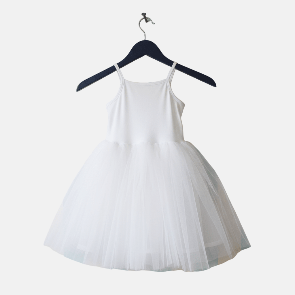 White dress on a hanger against a white background