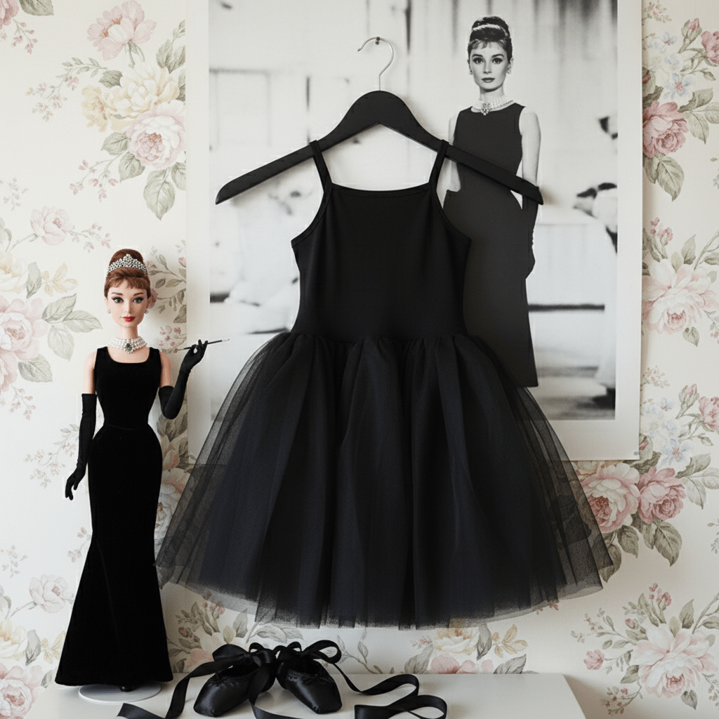 Black dress on a hanger with a floral wallpaper background