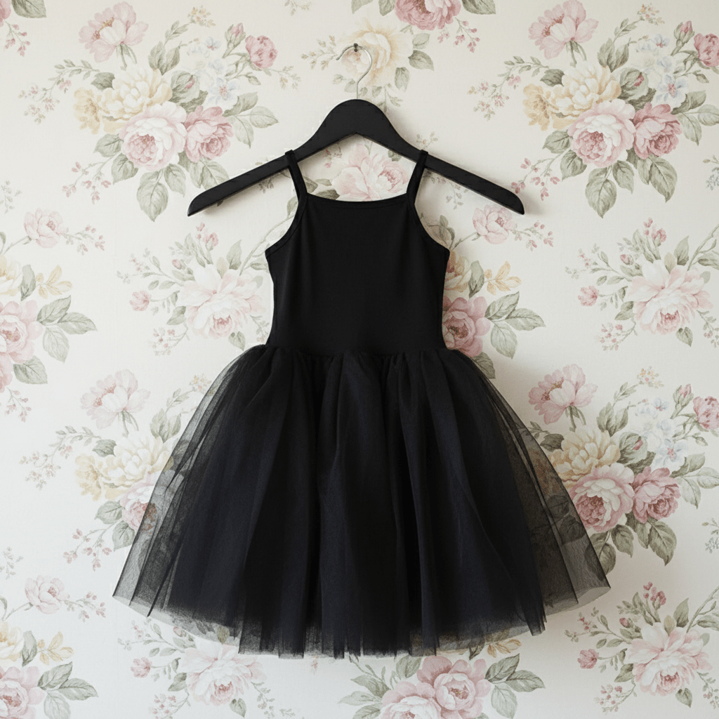 Black dress on a hanger against a floral wallpaper background