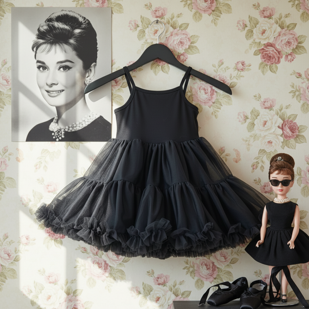 Black dress on a hanger with a floral wallpaper background, featuring a doll wearing the dress.